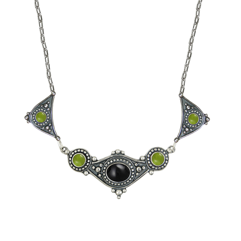 Sterling Silver Romantic Necklace With Black Onyx And Peridot